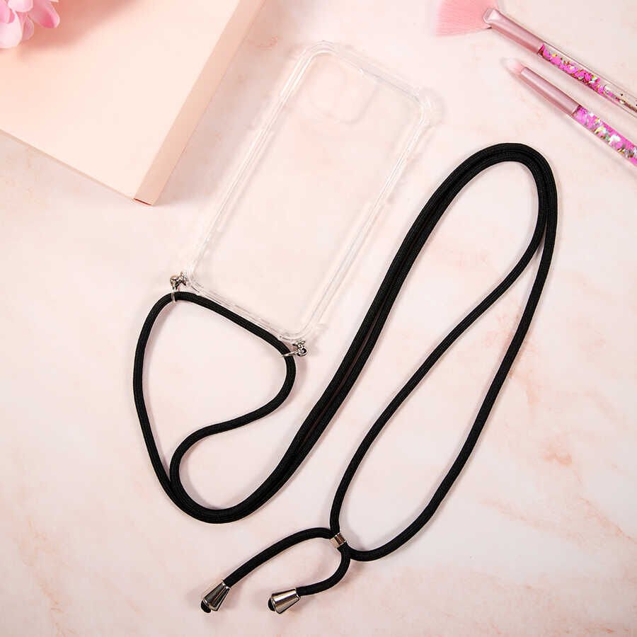 iPhone 15 Plus Kılıf Şeffaf Köşe Korumalı İpli Boyun Askılı Kapak (X-Rop) Renksiz