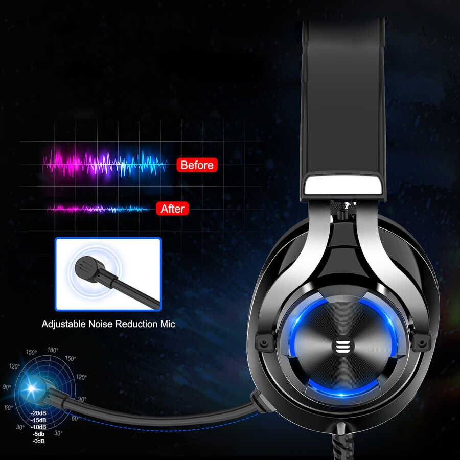 RGB Led Lambalar İle Göz Alıcı Tasarım Kulak Üstü Kablolu Kulaklık (Eksa E3000 3.5mm Kulaklık) Siyah