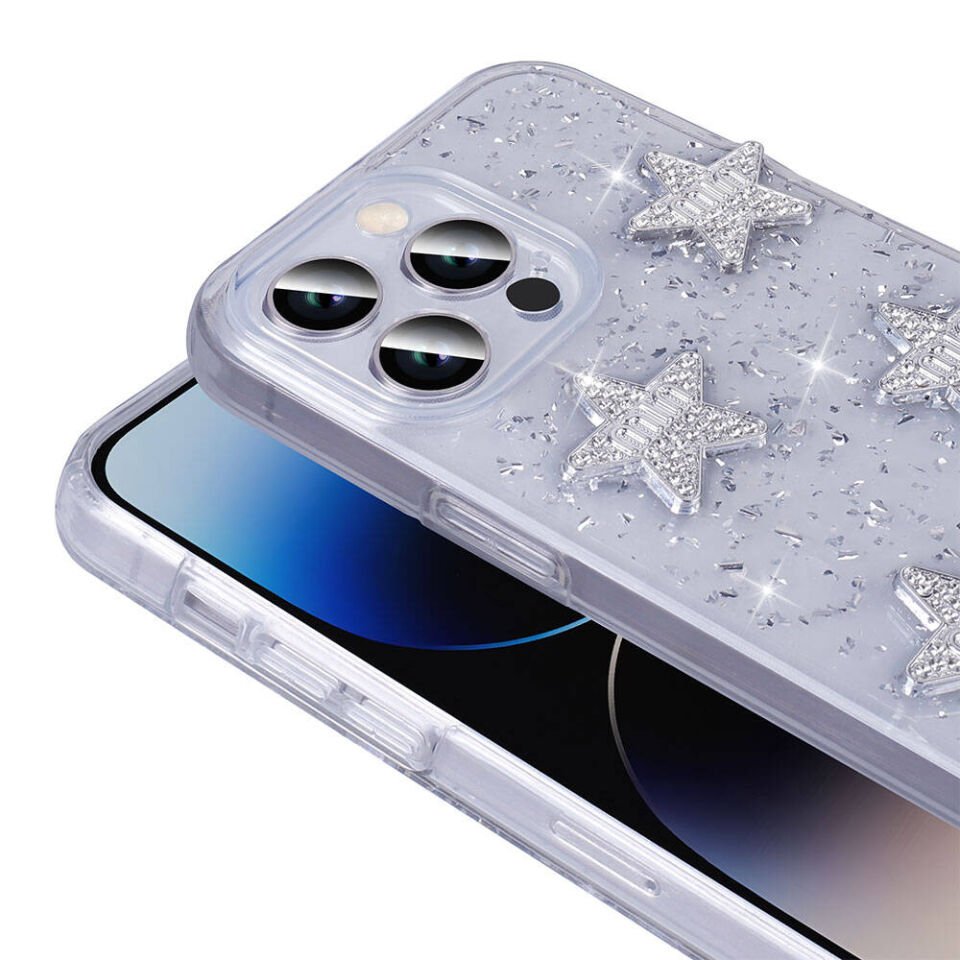 Apple iPhone 14 Pro Max Kılıf Airbagli Simli Arka Yüzey Parıltılı Silikon Kapak (IŞILTI) Beyaz-Yıldız