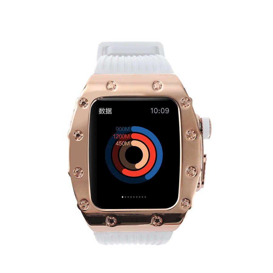 Apple Watch 2/3/4/5/6/7/8/se/ultra/nike 42mm 44mm 45mm 49mm Metal Kordon Tasarım (KRD-65) Beyaz-Rose Gold