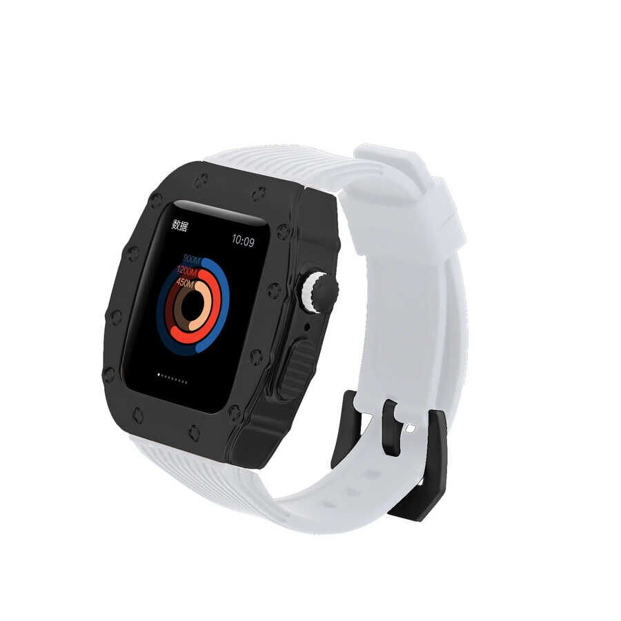 Apple Watch 2/3/4/5/6/7/8/se/ultra/nike 42mm 44mm 45mm 49mm Metal Kordon Tasarım (KRD-65) Beyaz-Siyah