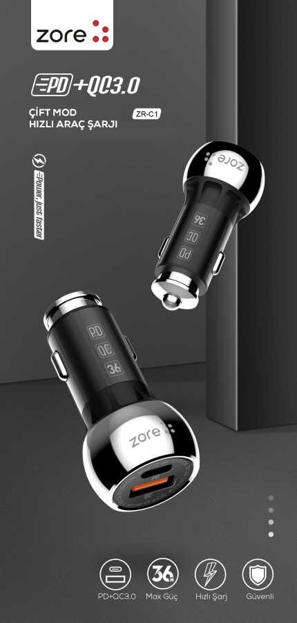 ZR-C1 Micro 2 in 1 Araç Şarj Seti Siyah