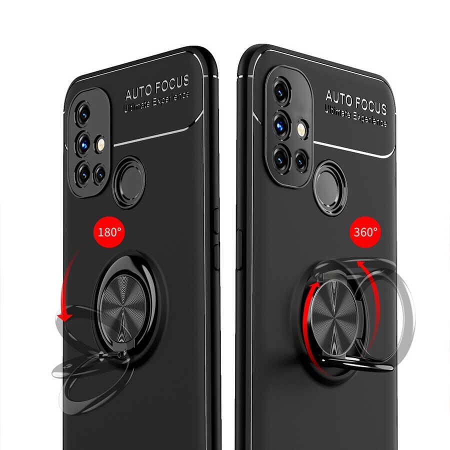 One Plus Nord N10 5G Kılıf Kamera Çıkıntılı Renkli Yüzüklü Standlı Mıknatıslı Kapak (RAVEL) Siyah-Mavi