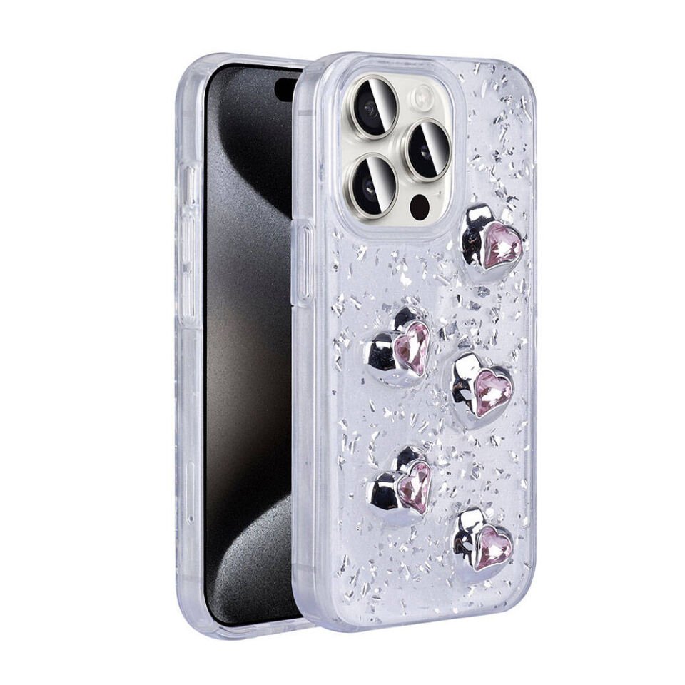 Apple iPhone 15 Pro Max Kılıf Airbagli Simli Arka Yüzey Parıltılı Silikon Kapak (IŞILTI) Beyaz-Kalp