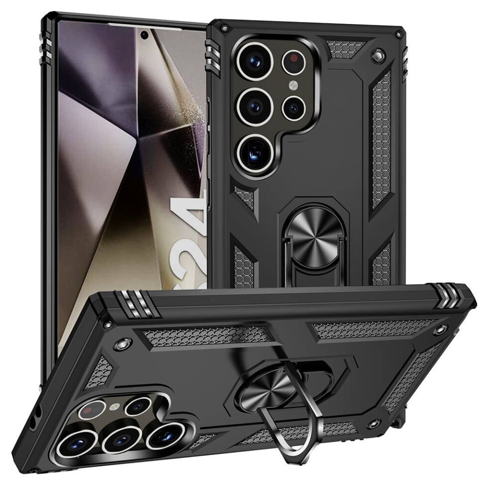 Samsung Galaxy S24 Ultra Kılıf Tank Zırh Yüzüklü Mıknatıslı Standlı Kapak (VEGA) Siyah