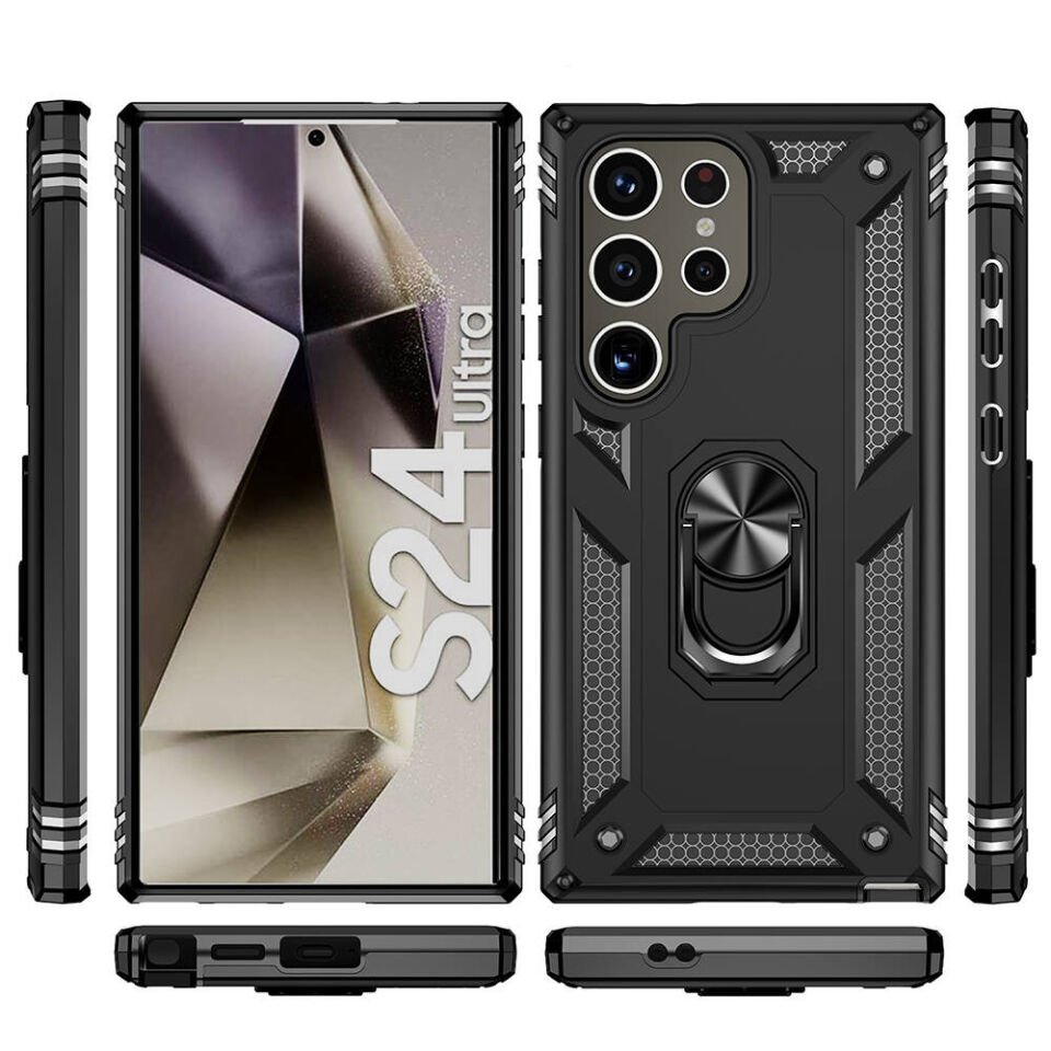 Samsung Galaxy S24 Ultra Kılıf Tank Zırh Yüzüklü Mıknatıslı Standlı Kapak (VEGA) Siyah