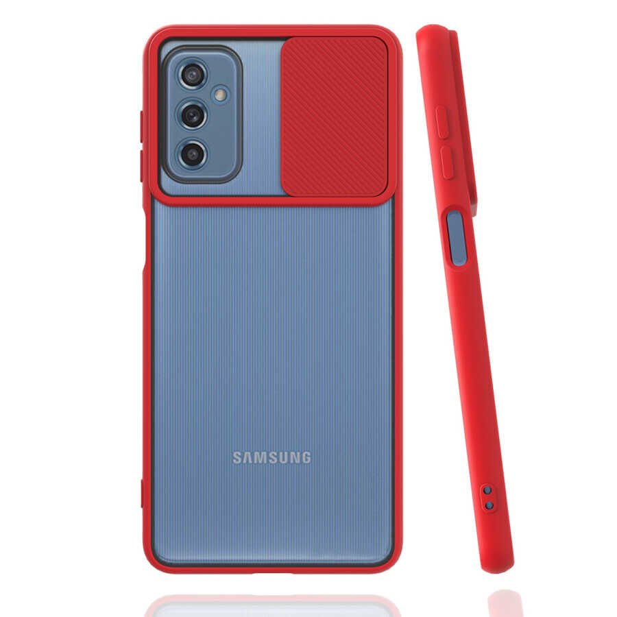 Samsung Galaxy M52 Kılıf Slayt Sürgülü Kamera Korumalı Renkli Silikon Kapak Kırmızı