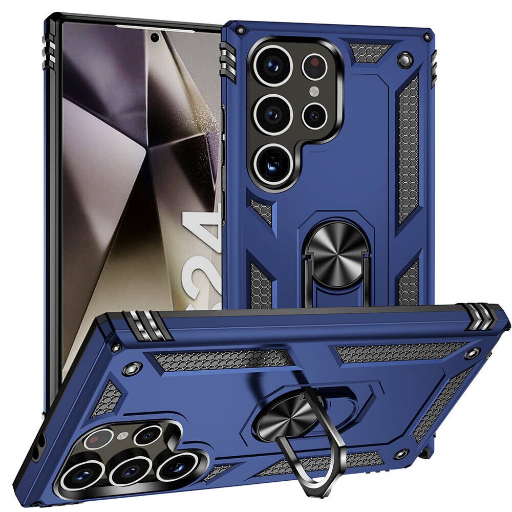 Samsung Galaxy S24 Ultra Kılıf Tank Zırh Yüzüklü Mıknatıslı Standlı Kapak (VEGA) Mavi