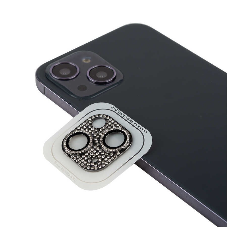 Apple iPhone 13 Kamera Lens Koruyucu Parıldayan Taşlı ve Renkli Tasarım Kolay Takma Aparatlı (CL-08) Siyah