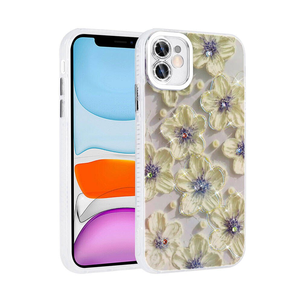 Apple iPhone 11 Kılıf Çiçek Desenli Parlak Taşlı Sert Silikon Kapak (Garden) Mavi