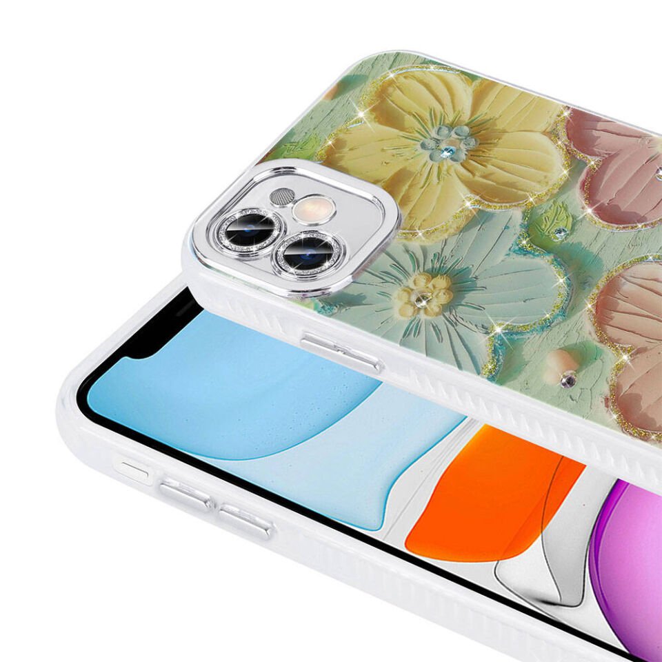 Apple iPhone 11 Kılıf Çiçek Desenli Parlak Taşlı Sert Silikon Kapak (Garden) Mavi