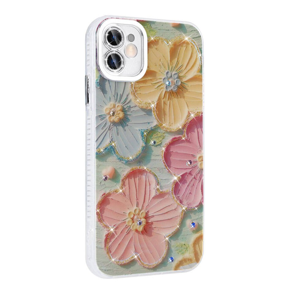 Apple iPhone 11 Kılıf Çiçek Desenli Parlak Taşlı Sert Silikon Kapak (Garden) Mavi