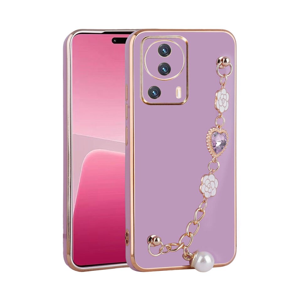 Xiaomi Mi 13 Lite Kılıf Çiçek Desenli Askılı Tutamaçlı Kamera Korumalı Kapak (TAKA) Mor