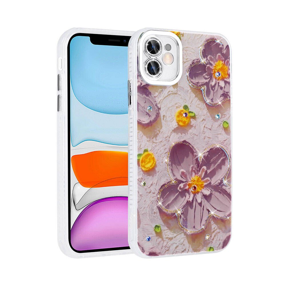 Apple iPhone 11 Kılıf Çiçek Desenli Parlak Taşlı Sert Silikon Kapak (Garden) Mor