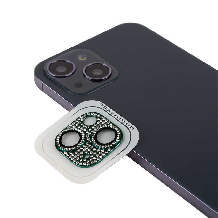 Apple iPhone 13 Kamera Lens Koruyucu Parıldayan Taşlı ve Renkli Tasarım Kolay Takma Aparatlı (CL-08) Koyu Yeşil