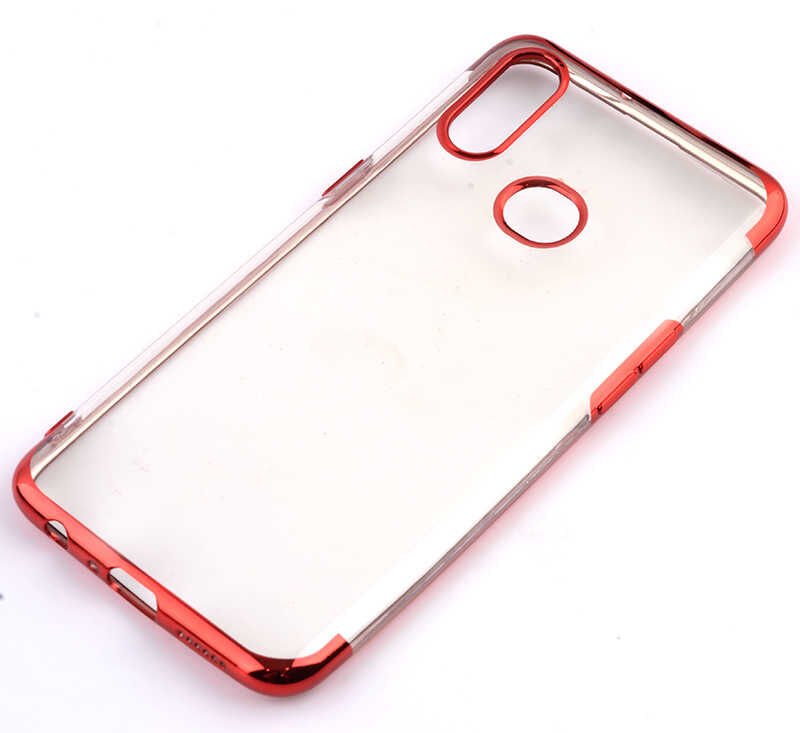 Samsung Galaxy A10S Kılıf Dört Köşe Renkli Lazer Şeffaf Silikon Kapak (GLİTTER) Kırmızı