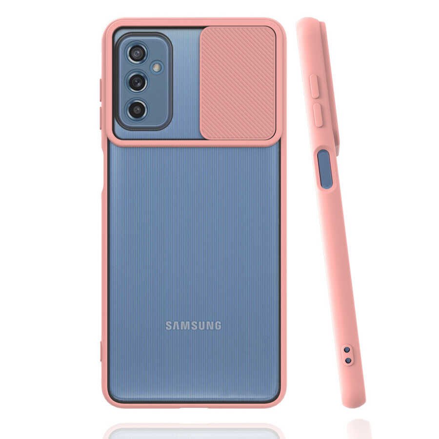 Samsung Galaxy M52 Kılıf Slayt Sürgülü Kamera Korumalı Renkli Silikon Kapak Pembe Açık
