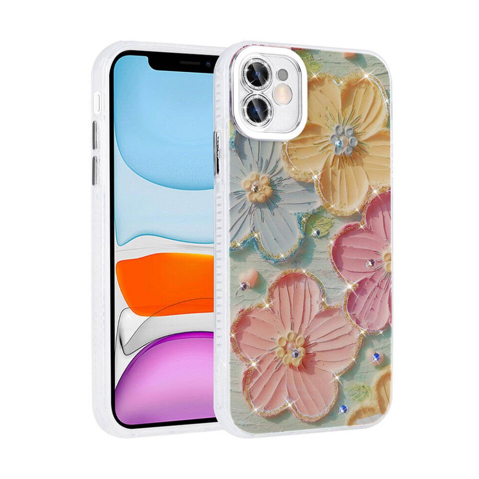 Apple iPhone 11 Kılıf Çiçek Desenli Parlak Taşlı Sert Silikon Kapak (Garden) Colorful