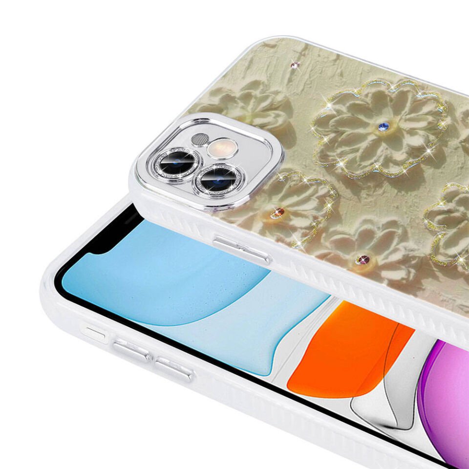 Apple iPhone 11 Kılıf Çiçek Desenli Parlak Taşlı Sert Silikon Kapak (Garden) Colorful