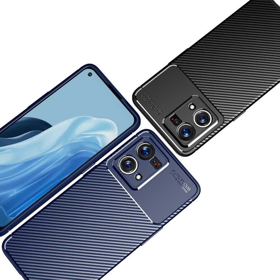 Oppo Reno 7 4G Kılıf Kamera Çıkıntılı Karbon Fiber Dokulu Renk Atmaz Kapak (NEGRO) Lacivert