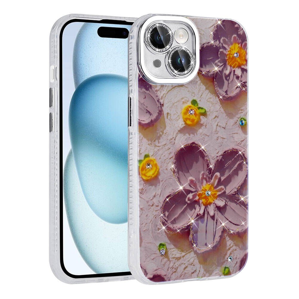 Apple iPhone 14 Kılıf Çiçek Desenli Parlak Taşlı Sert Silikon Kapak (Garden) Mor