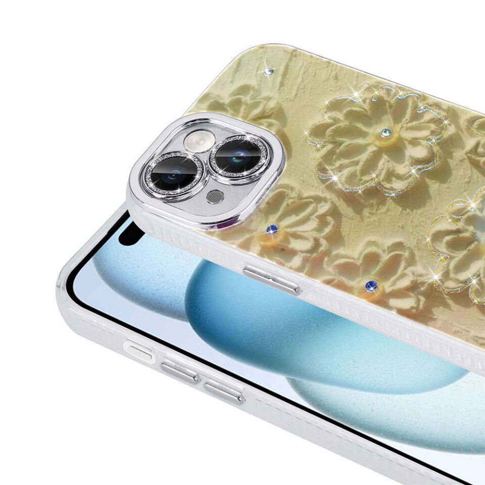 Apple iPhone 14 Kılıf Çiçek Desenli Parlak Taşlı Sert Silikon Kapak (Garden) Mor