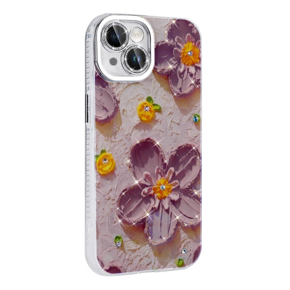 Apple iPhone 14 Kılıf Çiçek Desenli Parlak Taşlı Sert Silikon Kapak (Garden) Mor