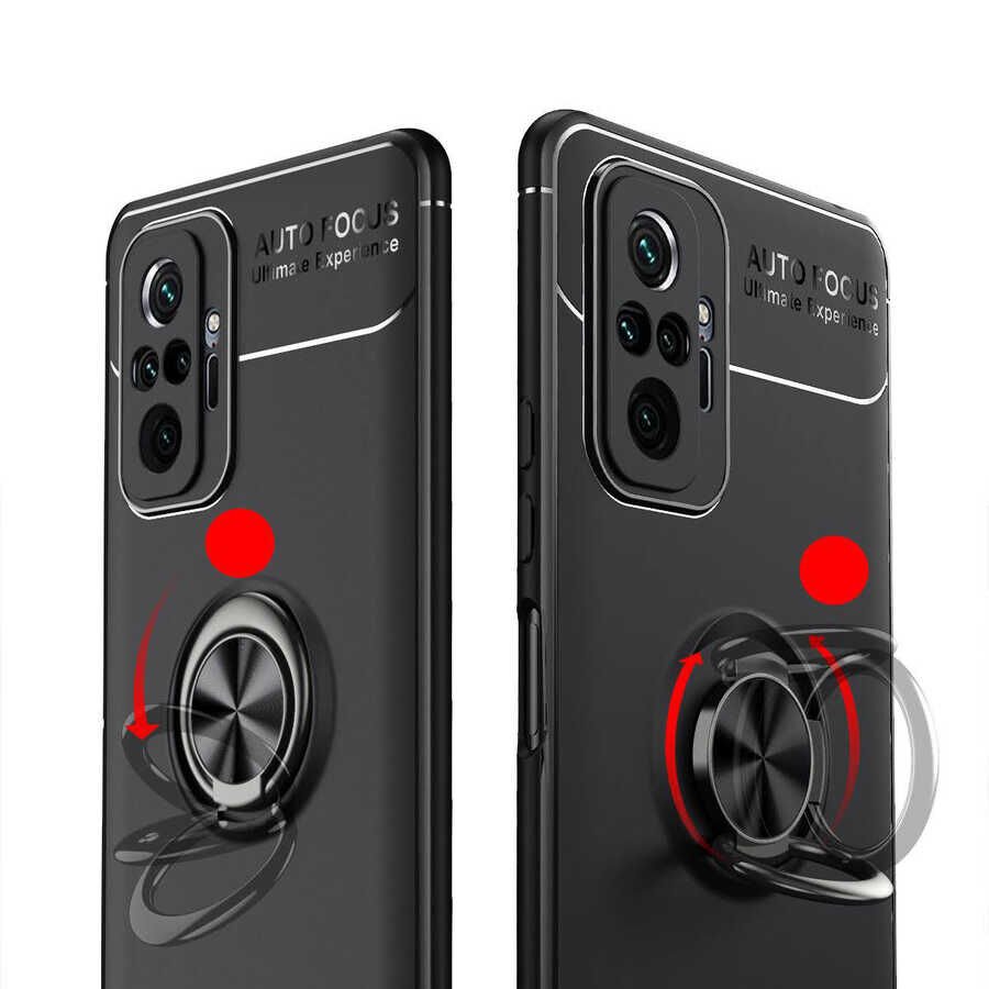 Xiaomi Redmi Note 10 Pro Kılıf Kamera Çıkıntılı Renkli Yüzüklü Standlı Mıknatıslı Kapak (RAVEL) Siyah