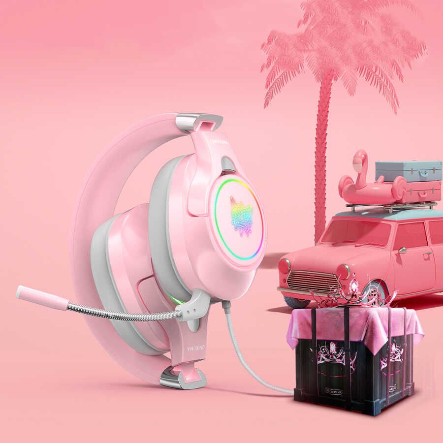 Hafif Portatif Kolayca Katlanıp Taşınabilir Dizayn Kulaklık (Onikuma K15 Oyuncu Kulaklığı 3.5mm) Pembe