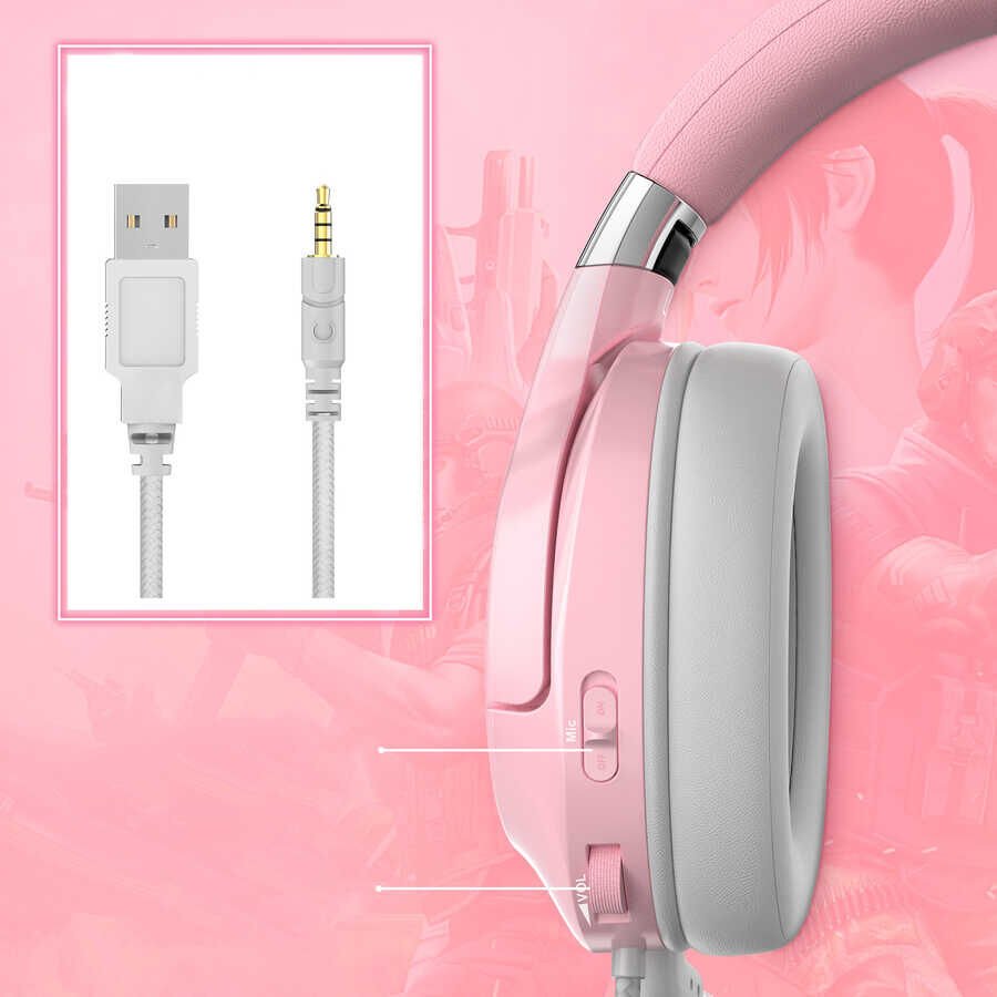 Hafif Portatif Kolayca Katlanıp Taşınabilir Dizayn Kulaklık (Onikuma K15 Oyuncu Kulaklığı 3.5mm) Pembe