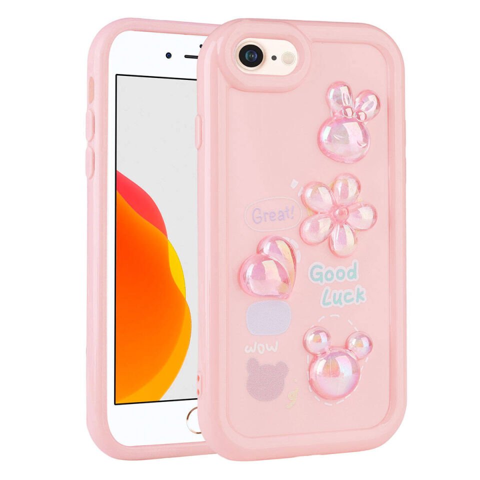 Apple iPhone SE 2020 Kılıf Kamera Korumalı Kabartma Figürlü Parlak Silikon Kapak (Toys) Pembe