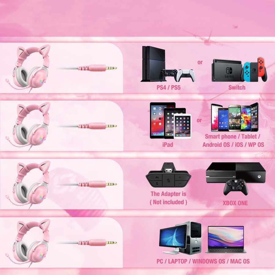Hafif Portatif Kolayca Katlanıp Taşınabilir Dizayn Kulaklık (Onikuma X11 Oyuncu Kulaklığı 3.5mm) Pembe