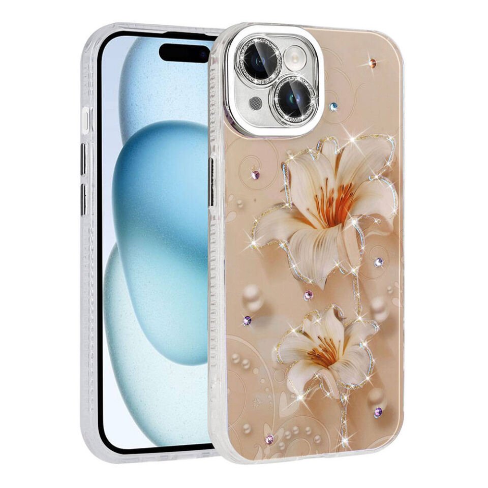 Apple iPhone 14 Kılıf Çiçek Desenli Parlak Taşlı Sert Silikon Kapak (Garden) Pembe Açık