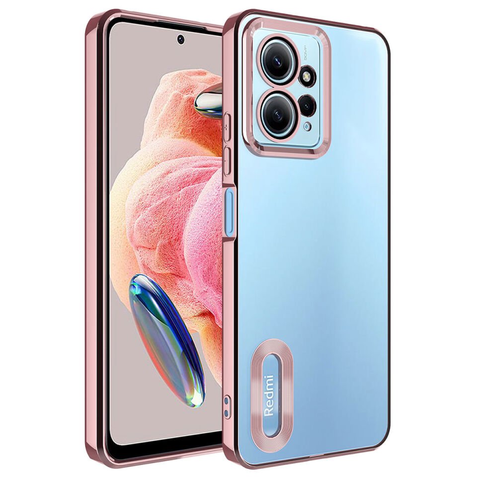 Xiaomi Redmi Note 12 4G Kılıf Kamera Lens Korumalı Logo Gösteren Parlak Kenarlı Kapak (OMEGA) Rose Gold