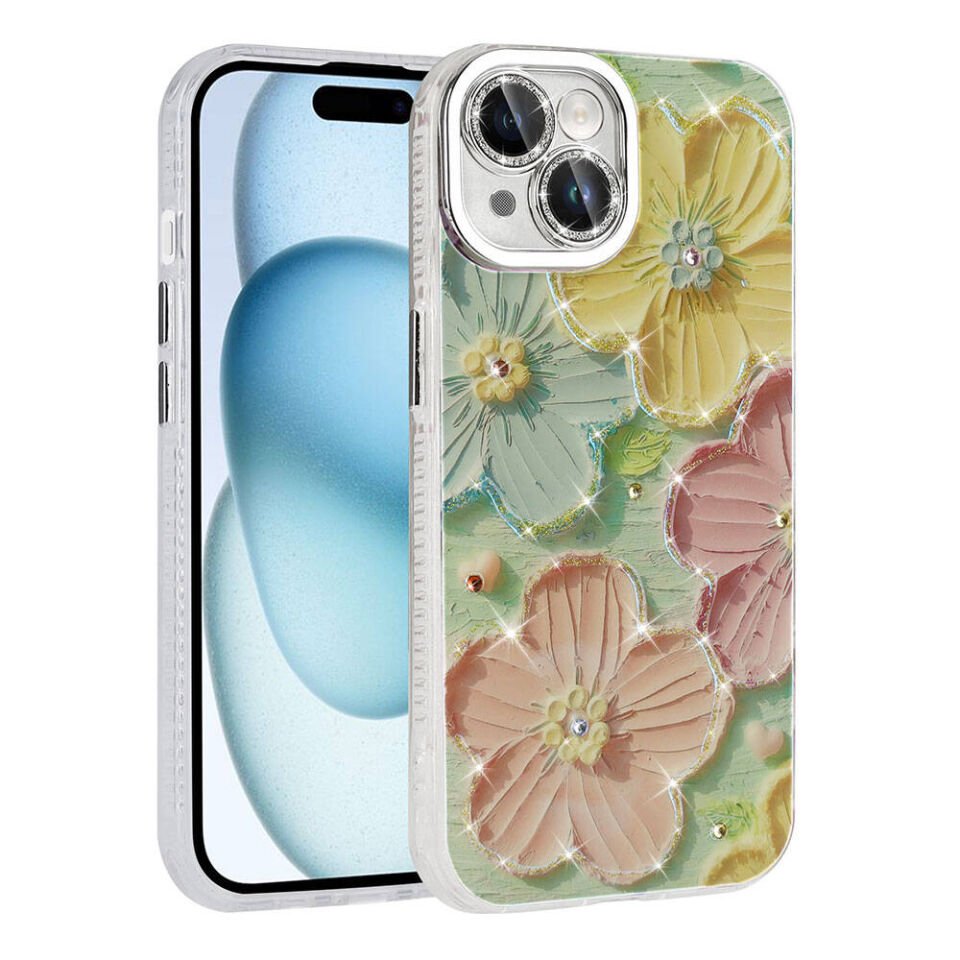 Apple iPhone 14 Kılıf Çiçek Desenli Parlak Taşlı Sert Silikon Kapak (Garden) Colorful