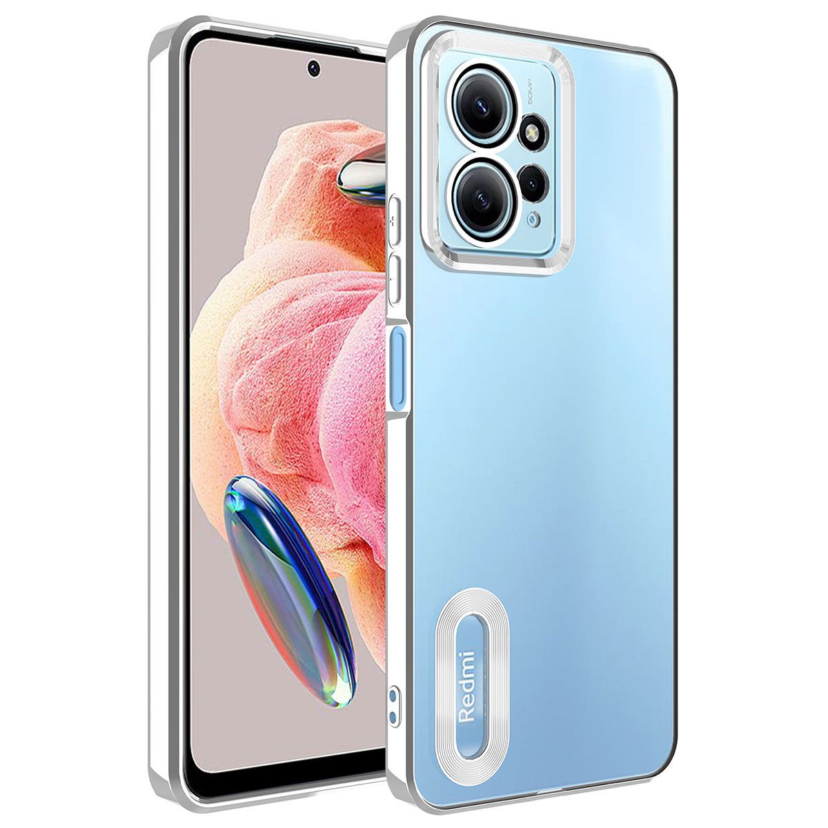 Xiaomi Redmi Note 12 4G Kılıf Kamera Lens Korumalı Logo Gösteren Parlak Kenarlı Kapak (OMEGA) Gümüş