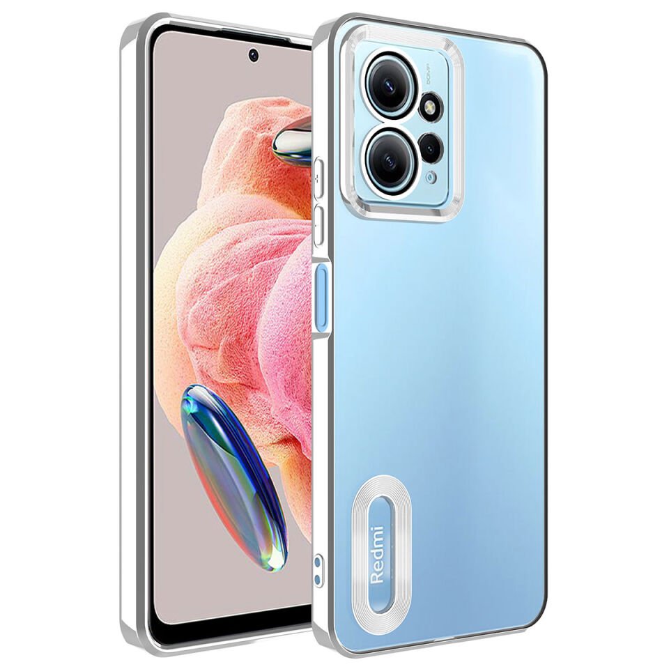 Xiaomi Redmi Note 12 4G Kılıf Kamera Lens Korumalı Logo Gösteren Parlak Kenarlı Kapak (OMEGA) Gümüş