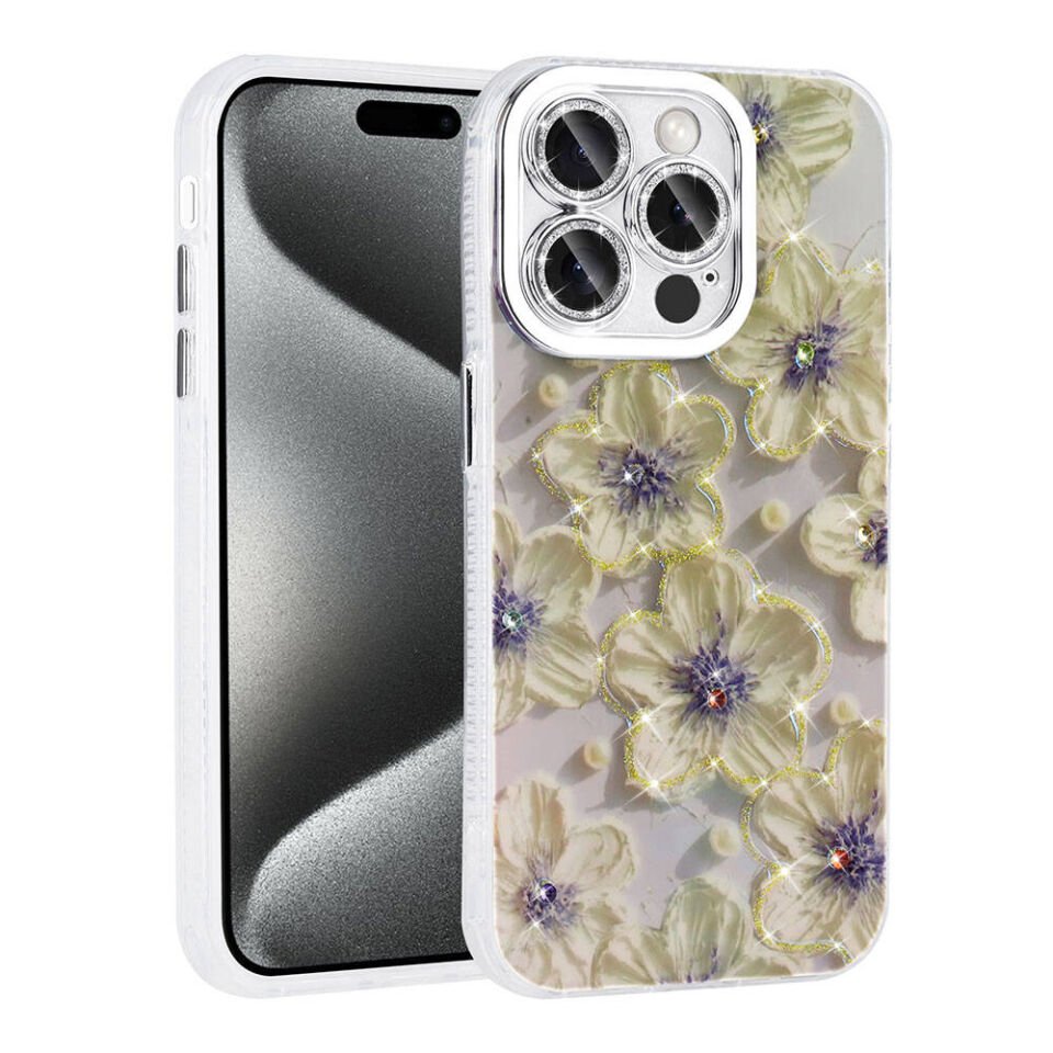 Apple iPhone 14 Pro Max Kılıf Çiçek Desenli Parlak Taşlı Sert Silikon Kapak (Garden) Mavi