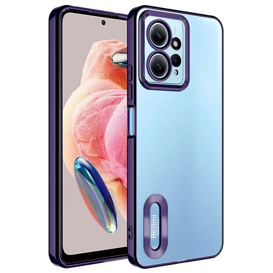 Xiaomi Redmi Note 12 4G Kılıf Kamera Lens Korumalı Logo Gösteren Parlak Kenarlı Kapak (OMEGA) Derin Mor