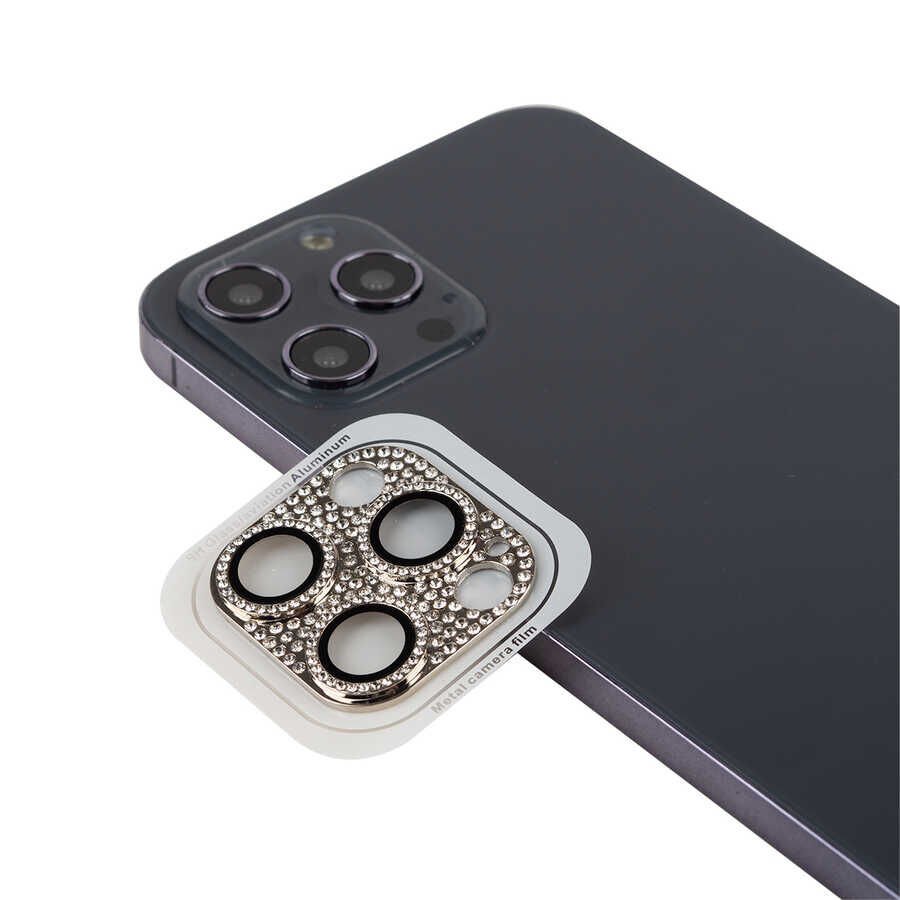 Apple iPhone 11 Pro Max Kamera Lens Koruyucu Parıldayan Taşlı ve Renkli Kolay Takma Aparatlı (CL-08) Gümüş
