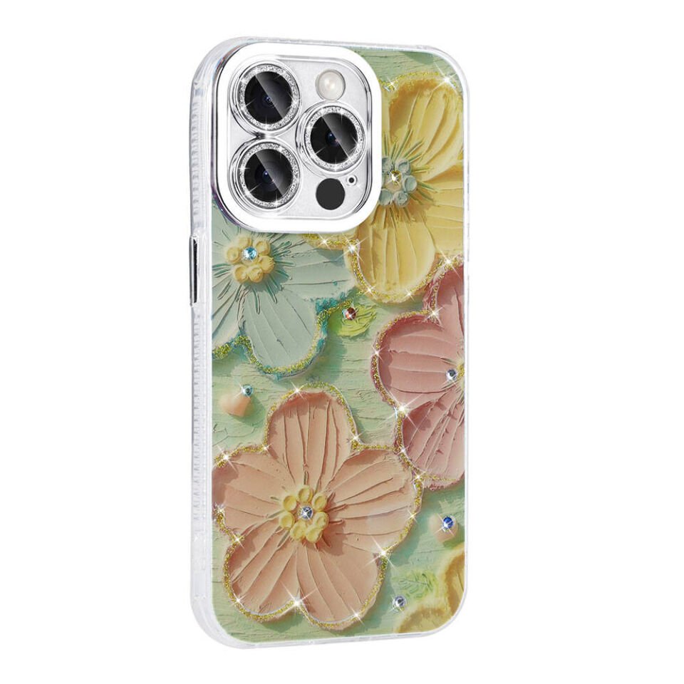 Apple iPhone 14 Pro Max Kılıf Çiçek Desenli Parlak Taşlı Sert Silikon Kapak (Garden) Pembe Açık