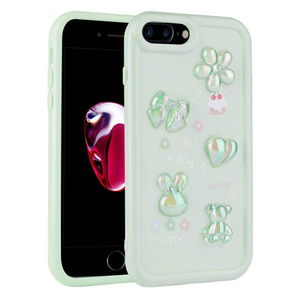 Apple  iPhone 7 Plus Kılıf Kamera Korumalı Kabartma Figürlü Parlak Silikon Kapak (Toys) Açık Yeşil