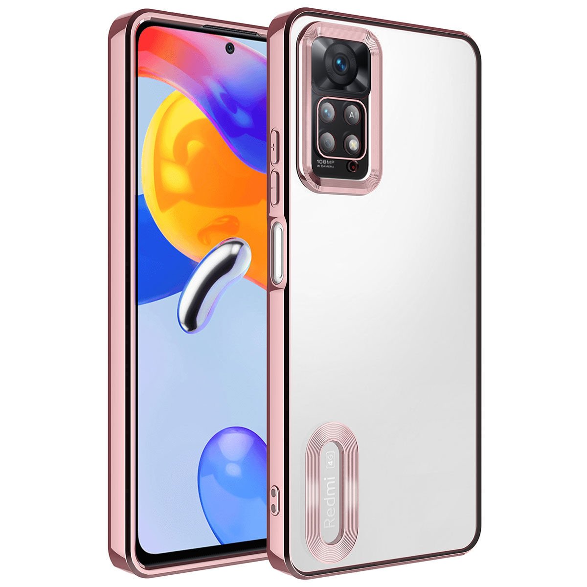 Xiaomi Redmi Note 12 Pro 4G Kılıf Kamera Lens Korumalı Logo Gösteren Parlak Kenarlı Kapak (OMEGA) Rose Gold