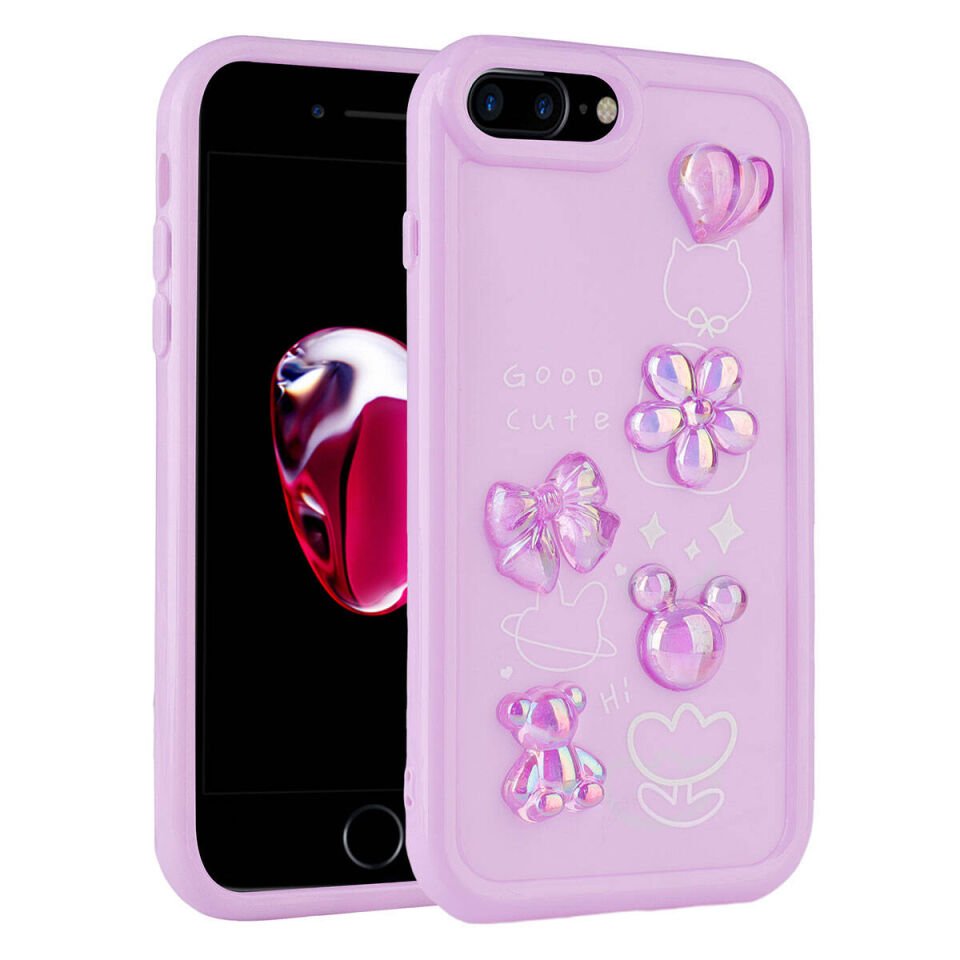 Apple  iPhone 8 Plus Kılıf Kamera Korumalı Kabartma Figürlü Parlak Silikon Kapak (Toys) Mor