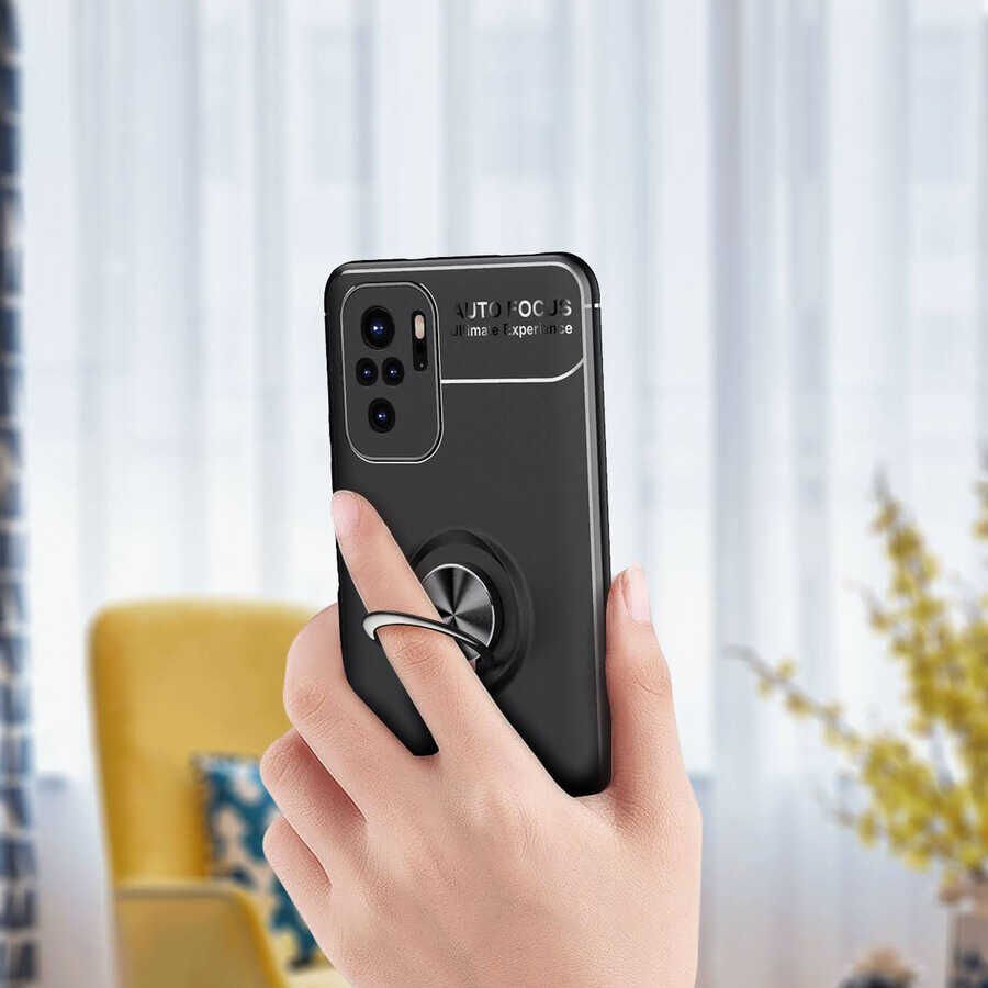 Xiaomi Redmi Note 10 Kılıf Kamera Çıkıntılı Renkli Yüzüklü Standlı Mıknatıslı Kapak (RAVEL) Siyah-Rose Gold