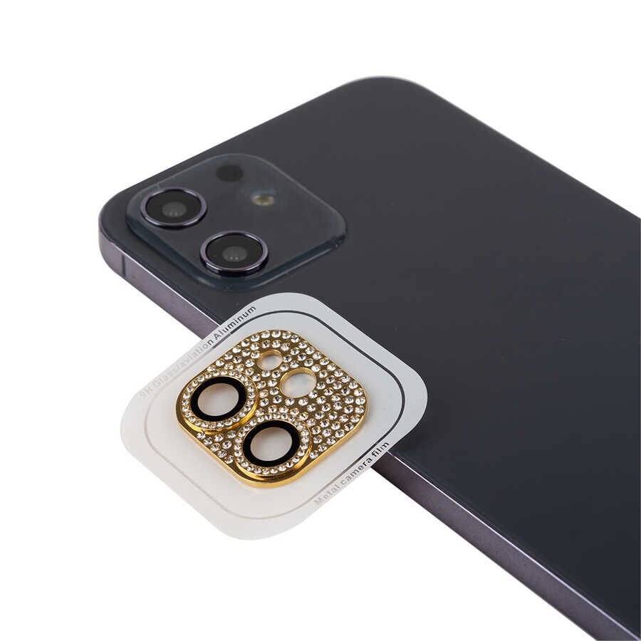 Apple iPhone 12 Mini Kamera Lens Koruyucu Parıldayan Taşlı ve Renkli Kolay Takma Aparatlı (CL-08) Gold