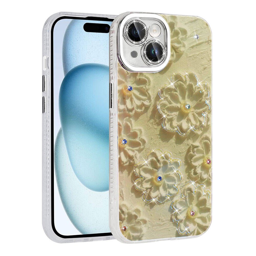 Apple iPhone 15 Kılıf Çiçek Desenli Parlak Taşlı Sert Silikon Kapak (Garden) Beyaz