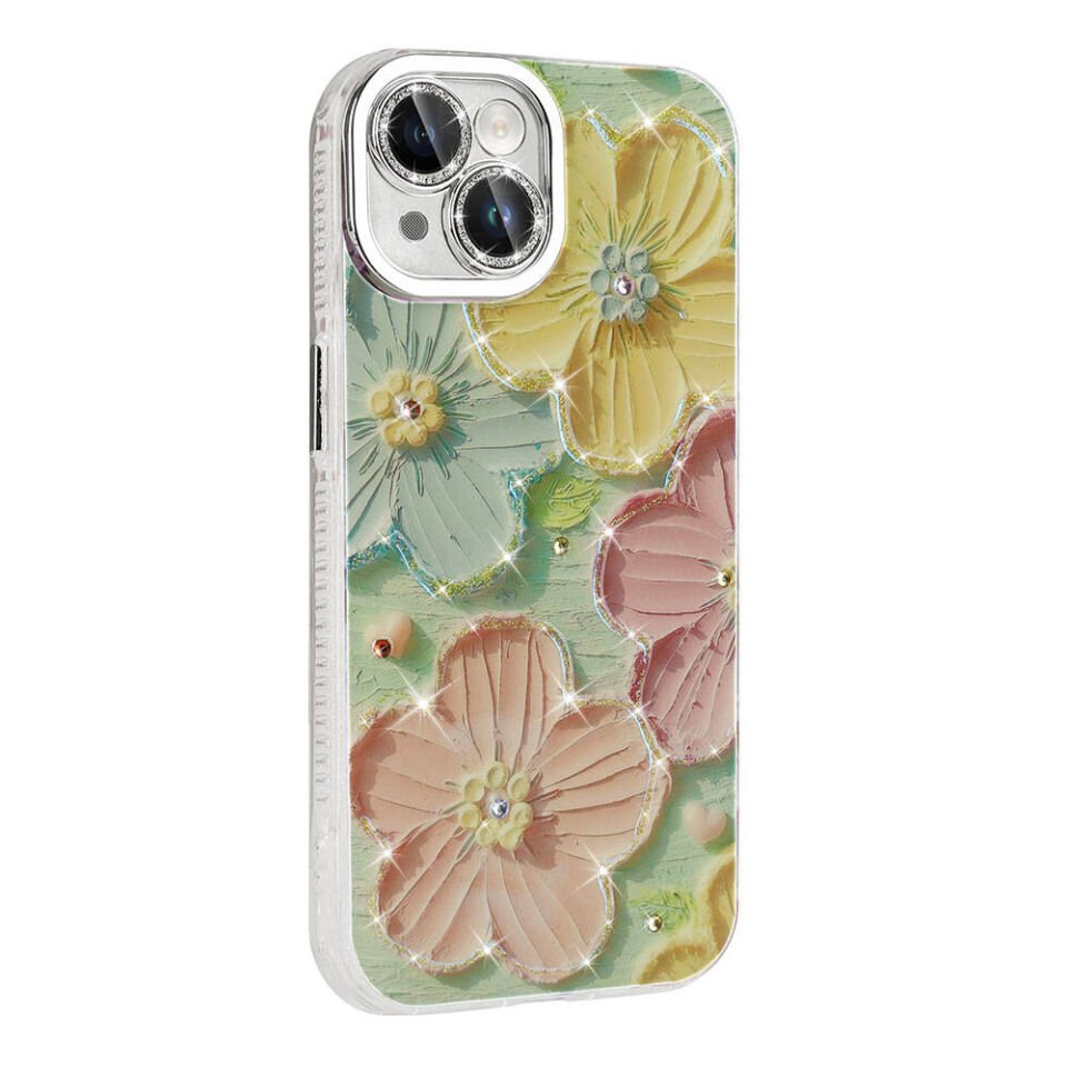 Apple iPhone 15 Kılıf Çiçek Desenli Parlak Taşlı Sert Silikon Kapak (Garden) Beyaz