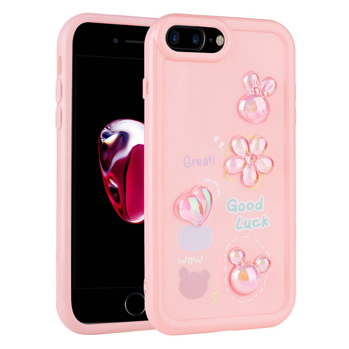 Apple  iPhone 8 Plus Kılıf Kamera Korumalı Kabartma Figürlü Parlak Silikon Kapak (Toys) Pembe