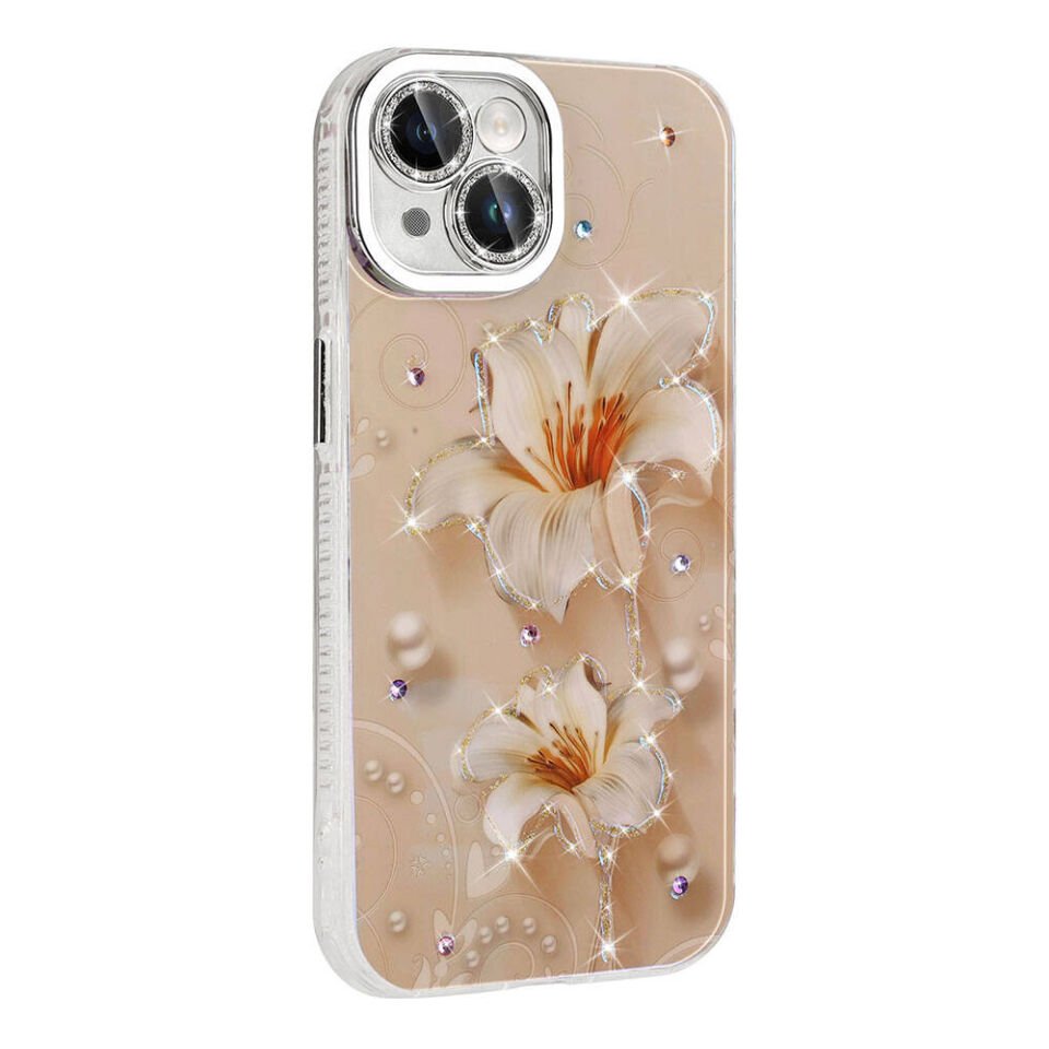 Apple iPhone 15 Kılıf Çiçek Desenli Parlak Taşlı Sert Silikon Kapak (Garden) Pembe Açık